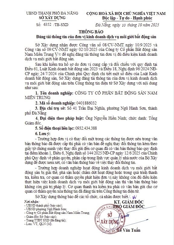 Nam Miền Trung thuộc top doanh nghiệp dịch vụ BĐS hợp pháp được công bố bởi Sở xây dựng Đà Nẵng 1 202510151826 image